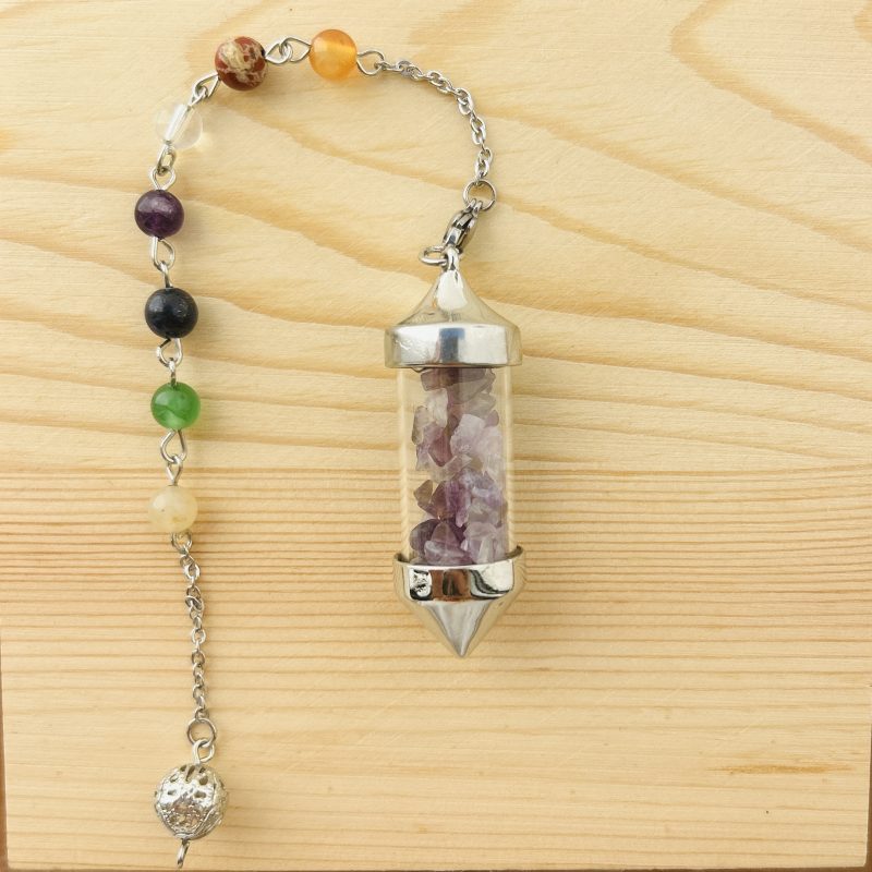 Péndulo Botella Cristal con Amatista y 7 Chakras.